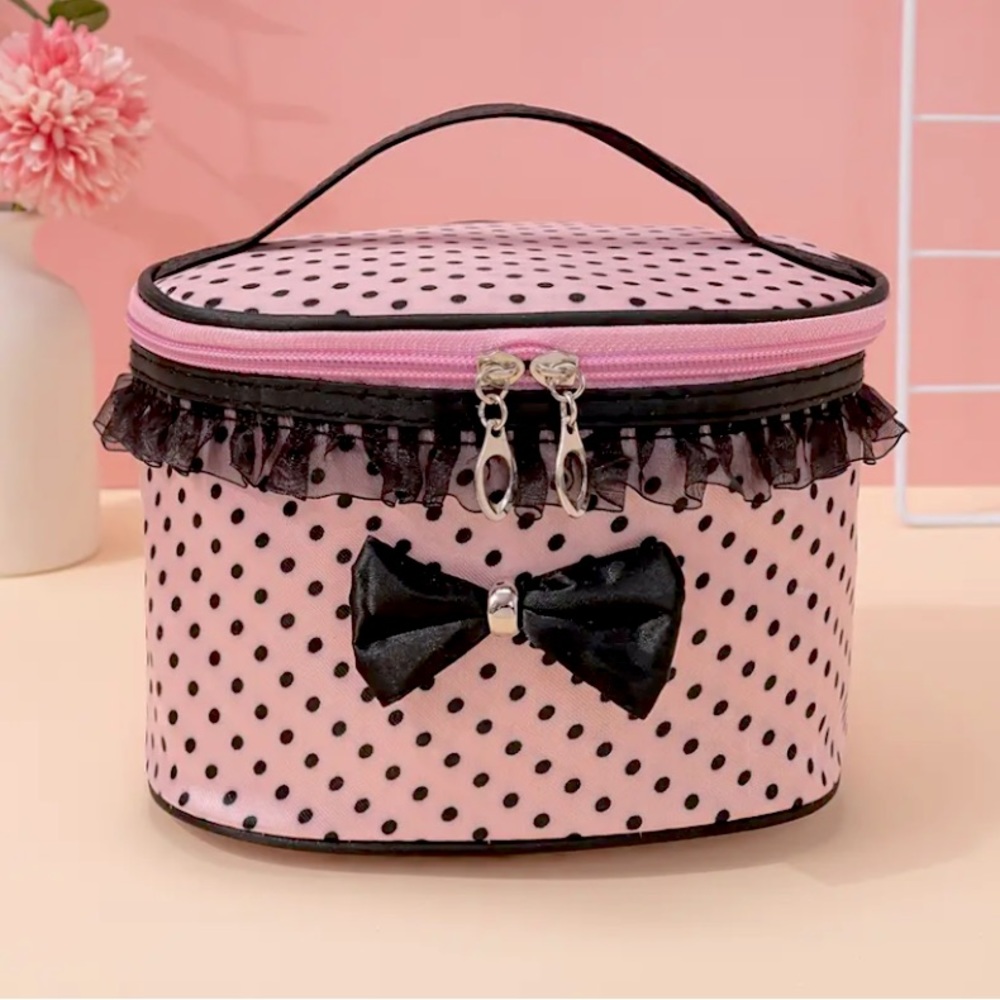 {NEW} Stylish And Spacious Cosmetic Bag With Zipper And Dot Print - Pink